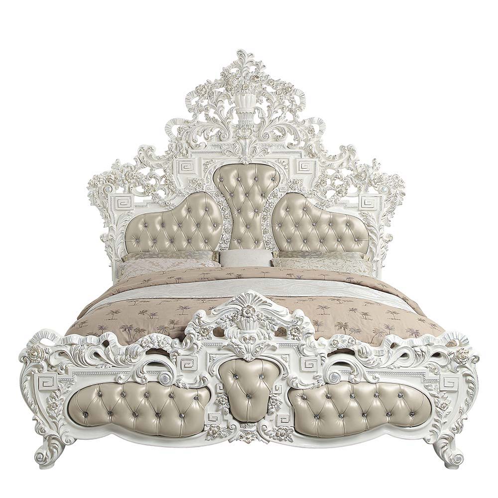 Luxurious style, sophisticated charm, and lustrous finishes are all included in the Vanaheim Bedroom Collection. Extravagant scroll floral design with gold trim accent creates classic appeal and timeless silhouettes. Button tufted headboard and footboard 