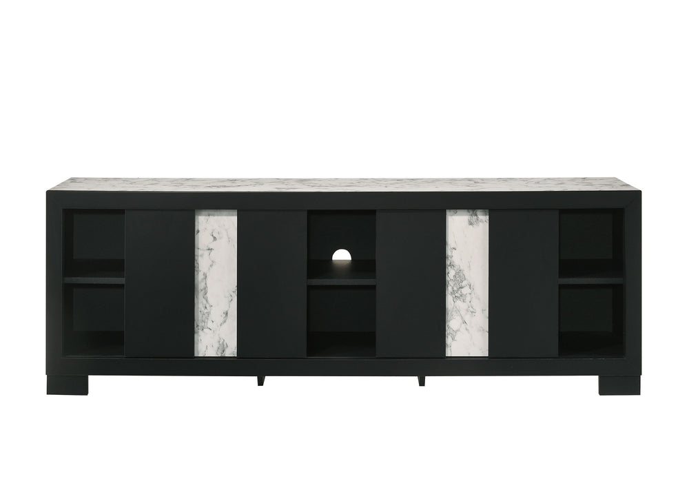 This sleek and modern entertainment unit is the epitome of contemporary elegance and functional design. Boasting a bold black finish with striking marble-like accents, this piece serves as a captivating centerpiece for any living space. Its generous surfa