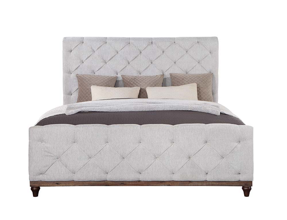 This Andria upholstered bed features an impressive rolled headboard. Generously padded features deep handcrafted buttonless tufting on the headboard to create a luxury decorative classic feeling. The woven upholstery fabric gives the bed a sophisticated f