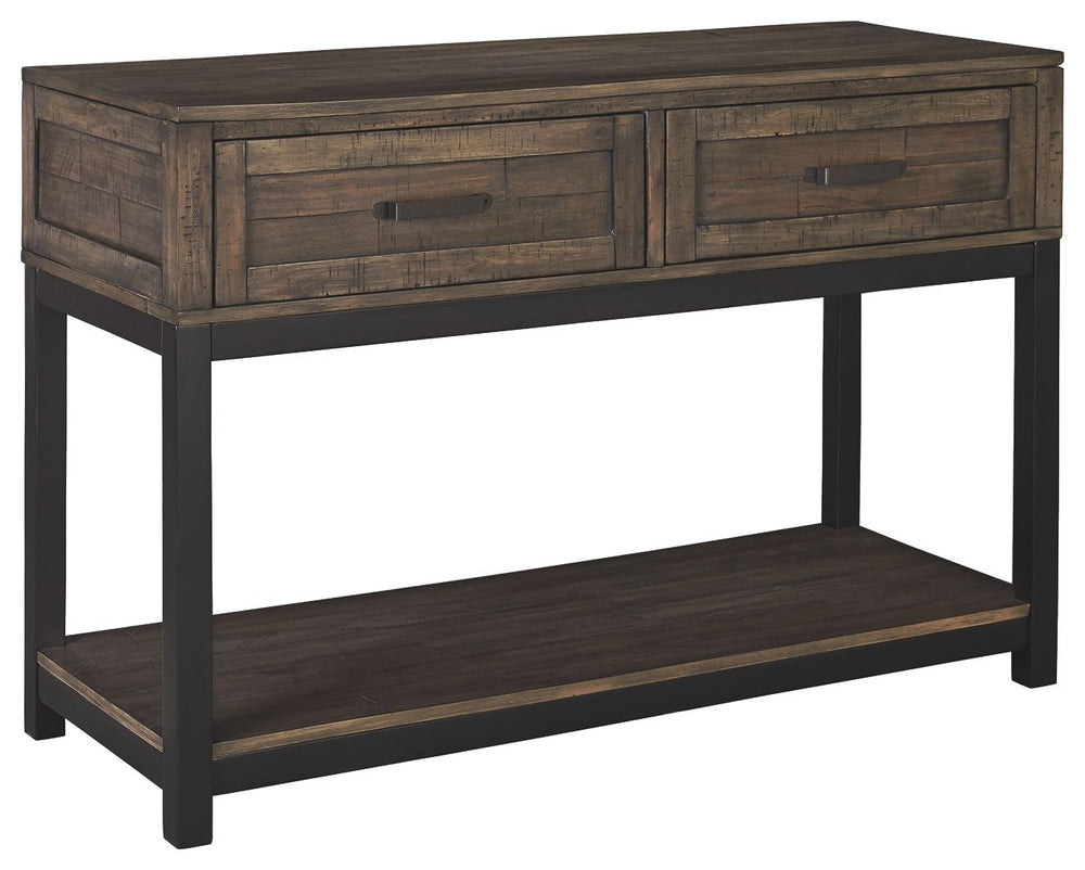 Combining a two-tone finish with a gently distressed texture produces one very distinctive sofa table. Whether your style is modern farmhouse or urban industrial, the Johurst sofa table is the perfect accent for your rustic retreat.<br><br><b>Additional D