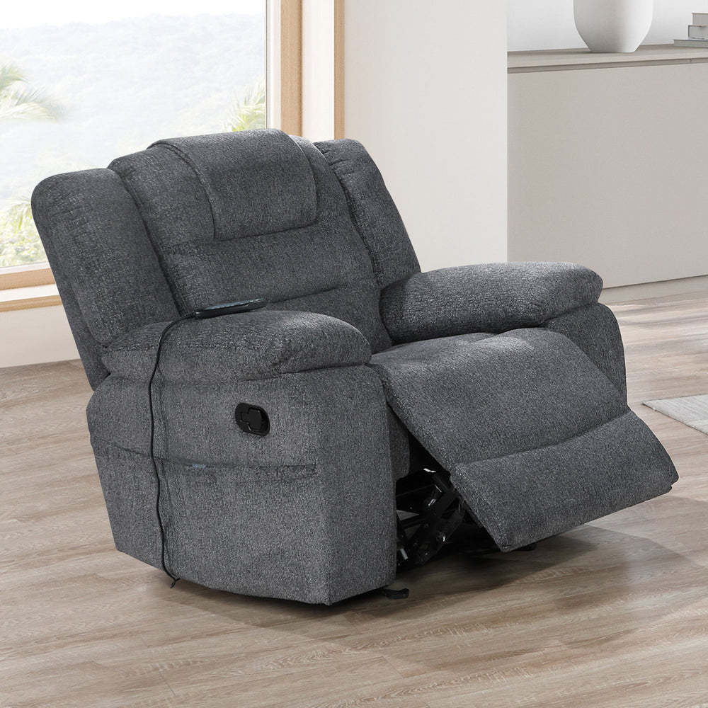 The Redondo Glider Recliner offers soothing heat and massage therapy, wrapped in ultra-soft, easy-care dark gray polyester fabric. Built on a durable hardwood and plywood frame with resilient springs and plush foam cushions, it delivers lasting comfort an