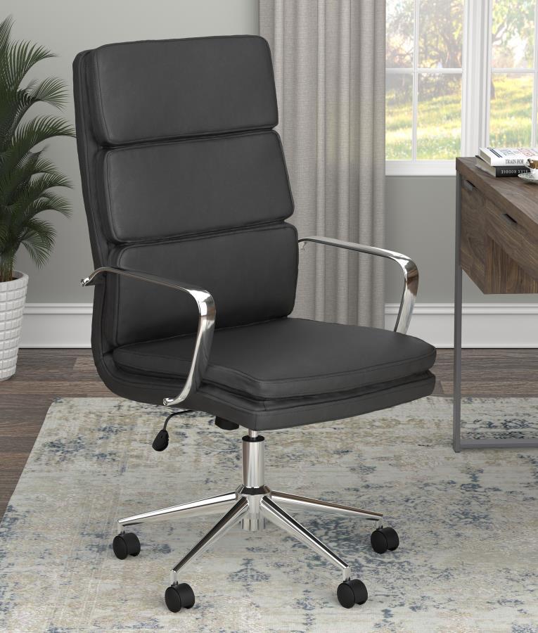 Update your workspace with this modern office chair. A chrome finish on the chair base and contoured arms are a modern touch as is the horizontal stitching on the seat back. This cushioned office chair features an ergonomically contoured back for ideal su
