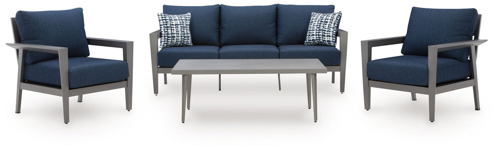 This outdoor collection brings comfort and canâ€™t-miss style to alfresco entertaining. Create a cohesive seating arrangement with the included sofa, chairs and coffee table. The setâ€™s durable aluminum frames in a sleek pewter tone withstand the element