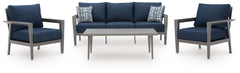 This outdoor collection brings comfort and canâ€™t-miss style to alfresco entertaining. Create a cohesive seating arrangement with the included sofa, chairs and coffee table. The setâ€™s durable aluminum frames in a sleek pewter tone withstand the element