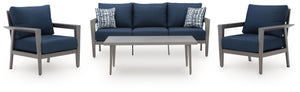 This outdoor collection brings comfort and canâ€™t-miss style to alfresco entertaining. Create a cohesive seating arrangement with the included sofa, chairs and coffee table. The setâ€™s durable aluminum frames in a sleek pewter tone withstand the element