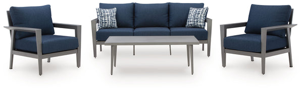 This outdoor collection brings comfort and canâ€™t-miss style to alfresco entertaining. Create a cohesive seating arrangement with the included sofa, chairs and coffee table. The setâ€™s durable aluminum frames in a sleek pewter tone withstand the element