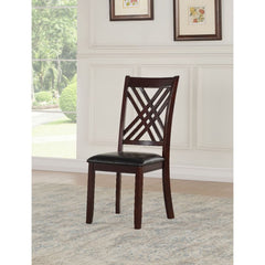 Armless Chair Stationary Seat: Standard Dining Height Padded Seat: Black PU, Square Shape, Thick: 2-" (60mm), Wooden Seat Apron Wooden Open Backrest: Overlapped -"XX-" Shape Wood Tapered Leg<br/><br/><b>Product Features</b><ul><li>Case: 2Pc/1Ctn</li><li>F