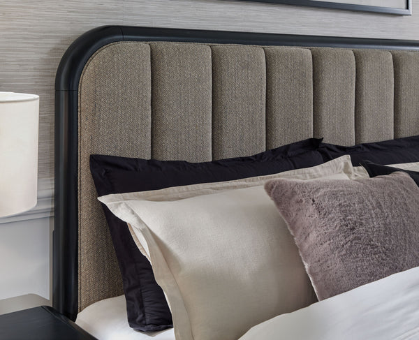Rowanbeck - Gray / Black - California King Upholstered Panel Bed