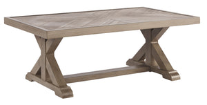 Sporting an easy-on-the-eyes look inspired by driftwood, this coffee table elevates the art of alfresco living. Beautiful and durable enough for indoor and outdoor use, the high-style/low maintenance table charms with X-leg farmhouse styling, while its th
