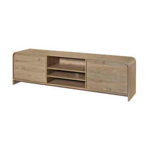 Introducing the Mara 70" TV Console, a fusion of eco-friendly construction and modern functionality. Crafted from durable manufactured wood and adorned with environmentally friendly laminate, this console boasts both durability and sustainability. With it