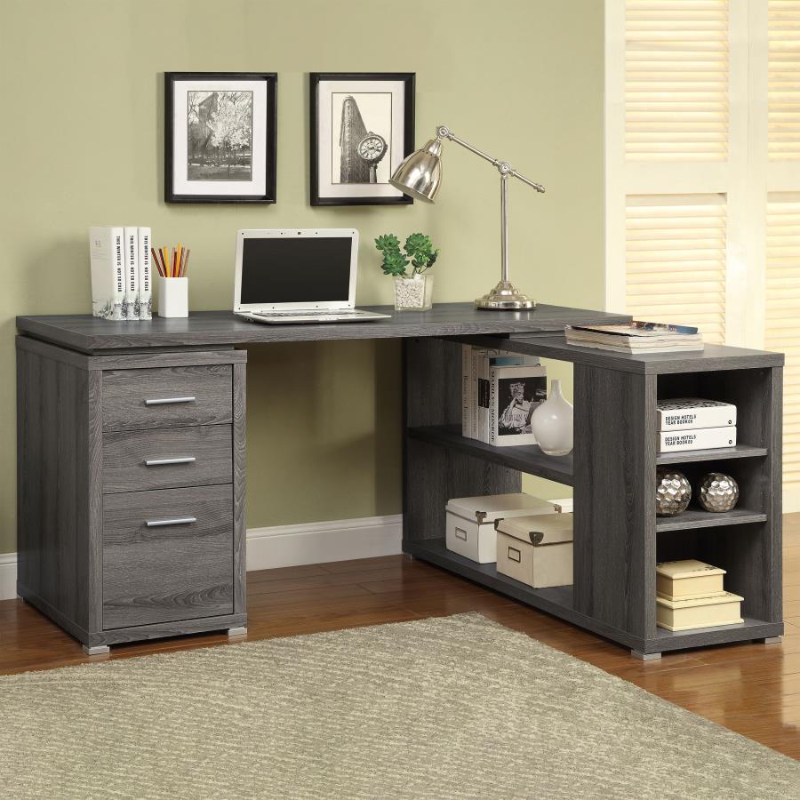 Infuse your daily work routine with chic practicality. This L-shaped office desk has a sleek design that looks great in an office or library. Large, open shelves combine with three convenient drawers for lots of storage space. The three drawers include a 