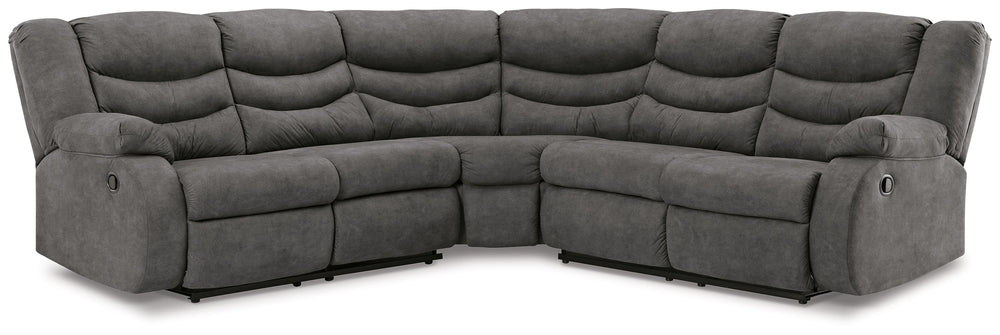 Affordable luxury made easy. An essential for living room lounging, this sectional is a star in social spaces. Its sleek slate gray faux leather is well-suited for mixing and matching with your existing pieces. Pull tab reclining keeps you and your compan