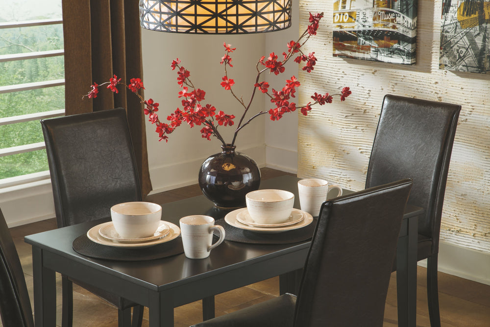 Made with select veneers and hardwood solids in a dark brown finish. Choice of ivory (-01) or brown faux leather (-02) seat cover. Beige fabric (-05), gray fabric (-06). Smaller apartment scaled tables in regular and counter heights. <h4><b>Kimonte - Dark