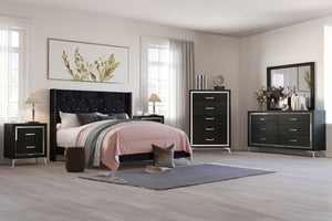 The Huxley 6-Piece Bedroom Set in Black offers a perfect blend of contemporary glam and durable construction for a stylish and functional bedroom. This set includes an upholstered bed with headboard, footboard, two side rails, and slat kit, along with a 6