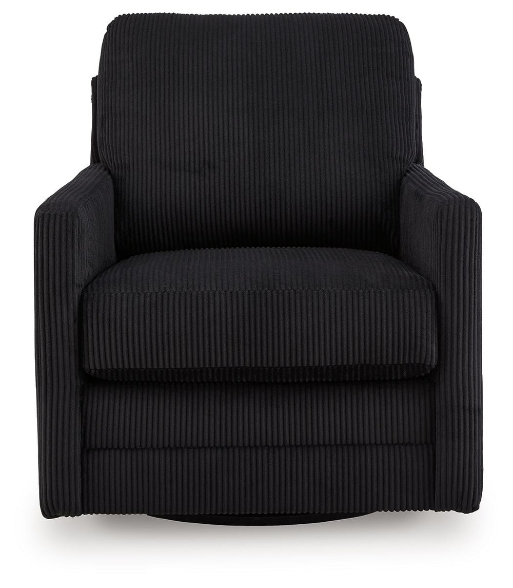 Clean-lined, contemporary style. Relaxed, homey comfort. This swivel chair has it all. Lightweight onyx-hued corduroy upholstery makes it a cozy yet head-turning piece. Factor in the 360-degree spin, and you-'ve got a win-win.<br><br><b>Additional Dimensi