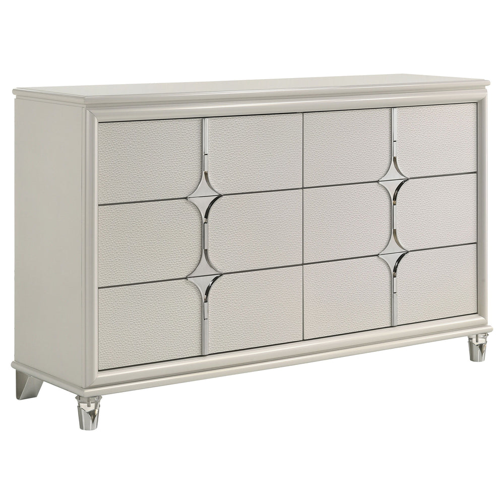 Enhance your bedroomâ€™s allure with this exquisite 6-drawer dresser, a masterpiece of modern design and practical elegance. The pearl white finish, complemented by mirror framing and unique diamond star drawer fronts, exudes sophistication. Special featu