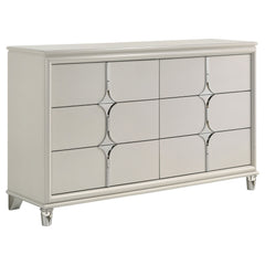 Enhance your bedroomâ€™s allure with this exquisite 6-drawer dresser, a masterpiece of modern design and practical elegance. The pearl white finish, complemented by mirror framing and unique diamond star drawer fronts, exudes sophistication. Special featu