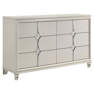 Enhance your bedroomâ€™s allure with this exquisite 6-drawer dresser, a masterpiece of modern design and practical elegance. The pearl white finish, complemented by mirror framing and unique diamond star drawer fronts, exudes sophistication. Special featu
