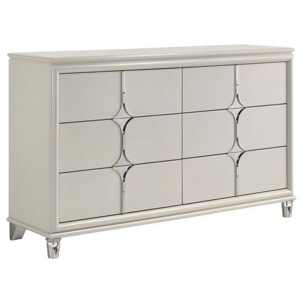 Enhance your bedroomâ€™s allure with this exquisite 6-drawer dresser, a masterpiece of modern design and practical elegance. The pearl white finish, complemented by mirror framing and unique diamond star drawer fronts, exudes sophistication. Special featu