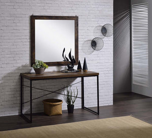 with its industrial looks and the mixing of black metal with weathered oak. The thicker wood top is supported by lighter scaled black metal lags and an stretcher which assures for a sturdy surface