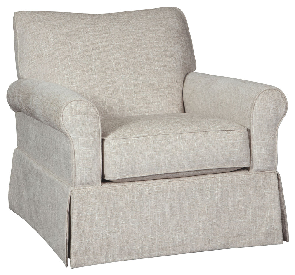 Thanks to its tailored skirt, this swivel glider accent chair sure doesnâ€™t look like it can do a 360, but youâ€™ll love the fact that it can. Whether your style is shabby chic, modern farmhouse or American classic, this swivel chair is sure to be sittin