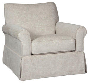 Thanks to its tailored skirt, this swivel glider accent chair sure doesnâ€™t look like it can do a 360, but youâ€™ll love the fact that it can. Whether your style is shabby chic, modern farmhouse or American classic, this swivel chair is sure to be sittin