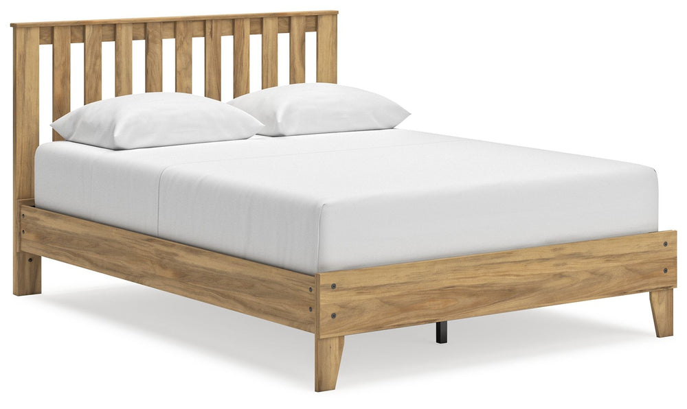 This queen platform panel bed puts the dream of a casual bedroom retreat beautifully within budget. A warm light brown finish over replicated hickory grain exudes a homey vibe. Slatted detailing on the headboard incorporates rich dimension. Itâ€™s a simpl