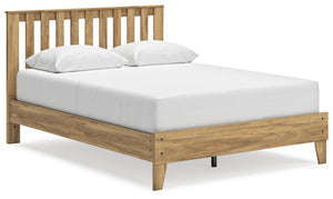 This queen platform panel bed puts the dream of a casual bedroom retreat beautifully within budget. A warm light brown finish over replicated hickory grain exudes a homey vibe. Slatted detailing on the headboard incorporates rich dimension. Itâ€™s a simpl