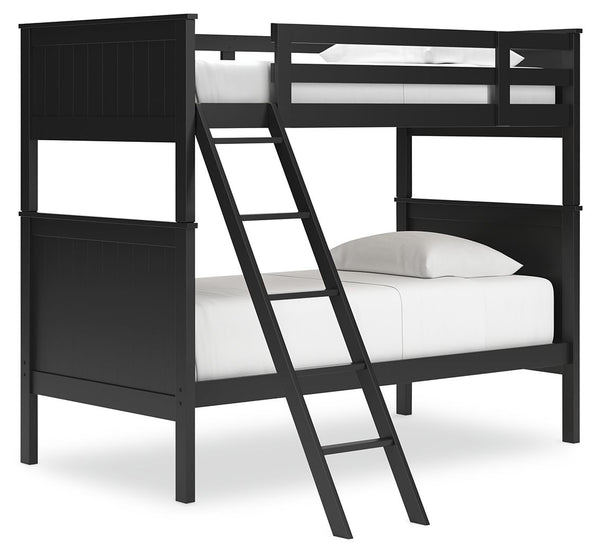 Maximize space and turn your kids-' bedtime into an adventure with this cool twin-over-twin bunk bed. It-'s an effortless addition to any bedroom, with a timeless Shaker style that-'s wonderfully finished in black. Guard rails on the top bunk help everyon
