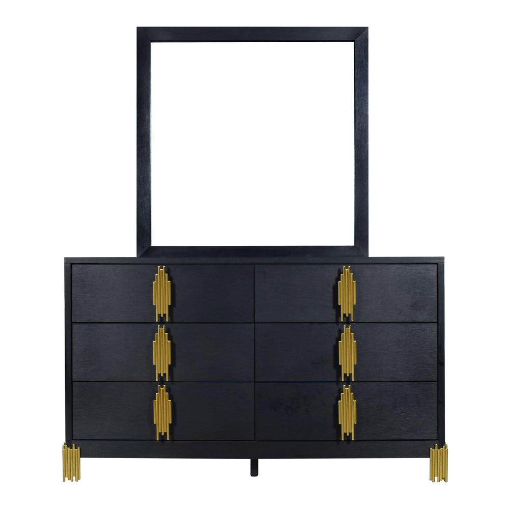 The Empire 2 Piece Dresser and Mirror Set in sleek black combines style and function seamlessly. This set includes a robust dresser and a matching mirror, both crafted from eco-friendly manufactured woods and decorative laminate for enduring durability. T