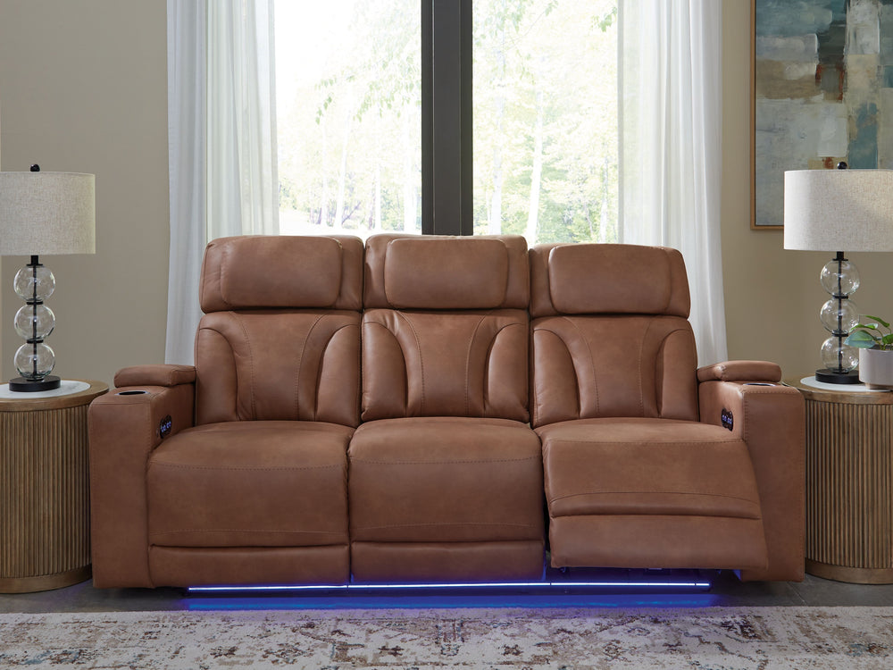 Ready to relax in style? Our luxurious power reclining sofa doesn-'t just look fantasticâ€”it also delivers creature comforts and fabulous functionality. Adjustable headrests ensure a perfect TV view no matter how far back you recline. Faux leather uphols