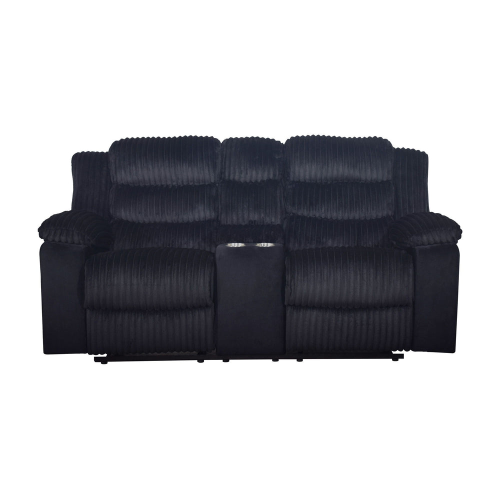 The Willow Console Loveseat combines quality construction and modern comfort to enhance your living room. Built with hardwood and plywood frames and sturdy motion mechanisms for lasting durability. Ultra-soft black 100% polyester fabric offers a blankety-