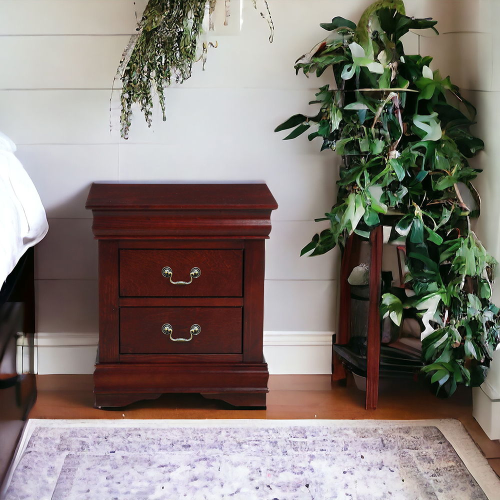 The Louis Philippe nightstand boasts engineered wood and veneer craftsmanship for enduring elegance. Brush nickel metal hardware adorns each of the drawer fronts and it-'s framed by crown molding detail.<br/><br/><b>Product Features</b><ul><li>Casegood Dr