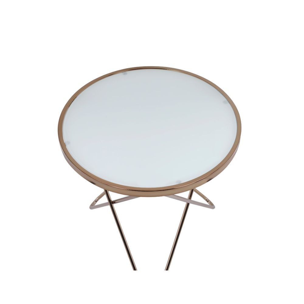 Update your living room with a functional art piece. The Valora end table uses a mid-century inspired base finished in champagne and supports a framed frosted glass top. The collection works well as an eclectic feel.<br/><br/><b>Product Features</b><ul><l
