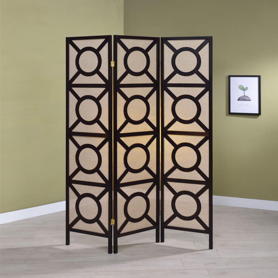 Riveting design detailing lends a dramatic effect. Make this three-panel folding screen a part of accent decor. Perfect for a transitional space, its open cutout design offers character and exotic charm. Circles and lines join to create an optically fun c