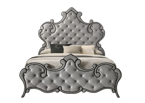 The Perine Collection is luxuriously designed and upholstered in sumptuous gray velvet and features black piping. The hardwood wooden frame is designed for long-lasting enjoyment. The crown design on the headboard and footboard adds some drama to the bed.