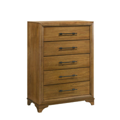 The Talcott 5 Drawer Chest in honey finish offers durability and style, crafted from solid Rubberwood, manufactured woods, and Mindy wood veneers for strength and stability. This transitional piece blends traditional and contemporary elements, featuring d