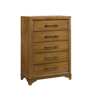 The Talcott 5 Drawer Chest in honey finish offers durability and style, crafted from solid Rubberwood, manufactured woods, and Mindy wood veneers for strength and stability. This transitional piece blends traditional and contemporary elements, featuring d