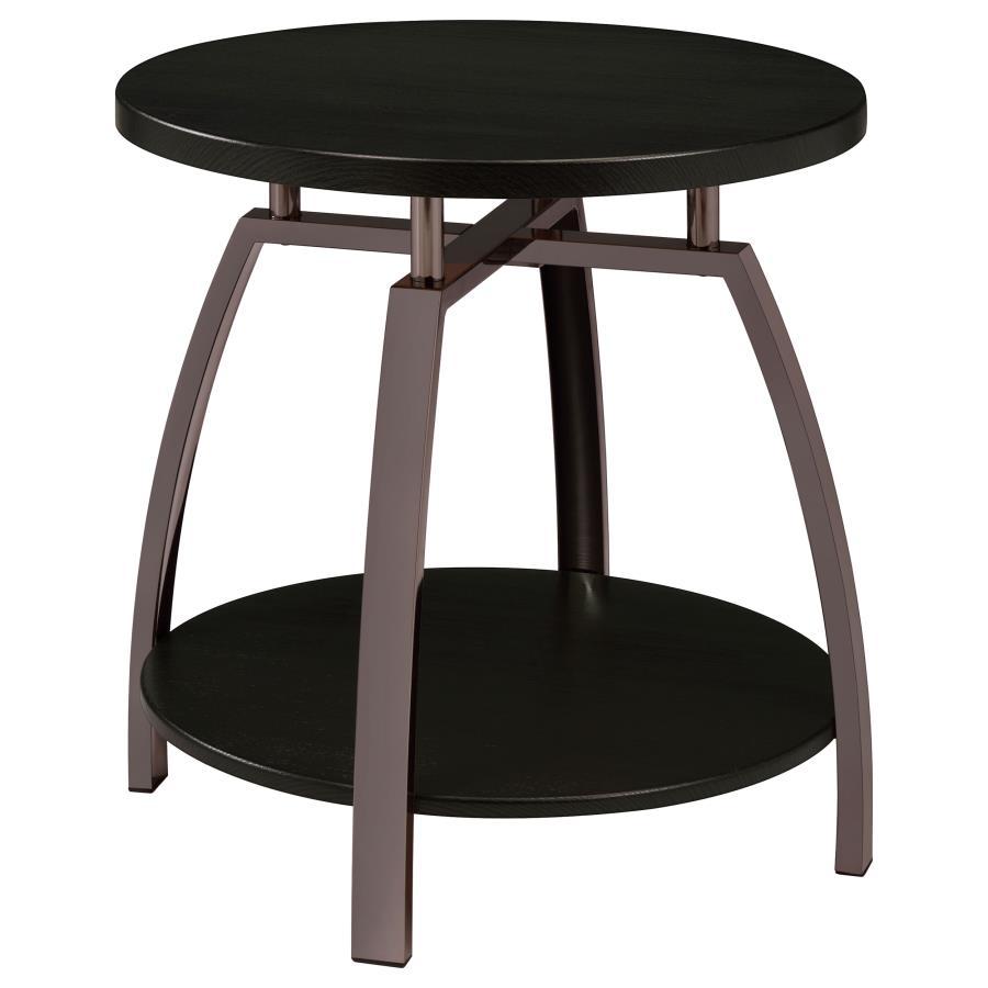 This round end table delivers a blend of modern design and everyday practicality. Crafted with an engineered wood top and lower shelf, both finished in a scratch-resistant laminate veneer, it offers durability and elegance. The electroplated black nickel 