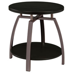 This round end table delivers a blend of modern design and everyday practicality. Crafted with an engineered wood top and lower shelf, both finished in a scratch-resistant laminate veneer, it offers durability and elegance. The electroplated black nickel 
