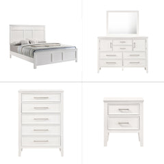 The Andover Wood 5-Piece Bedroom Set in White offers a complete and stylish solution for your bedroom, blending durability, elegance, and functionality. This set includes a Panel Bed, Dresser, Mirror, Nightstand, and Chest, all expertly crafted from solid