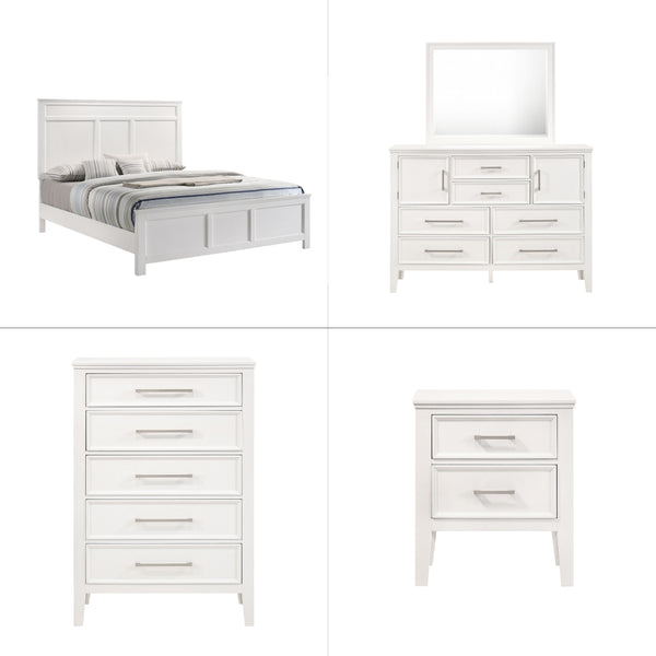 The Andover Wood 5-Piece Bedroom Set in White offers a complete and stylish solution for your bedroom, blending durability, elegance, and functionality. This set includes a Panel Bed, Dresser, Mirror, Nightstand, and Chest, all expertly crafted from solid