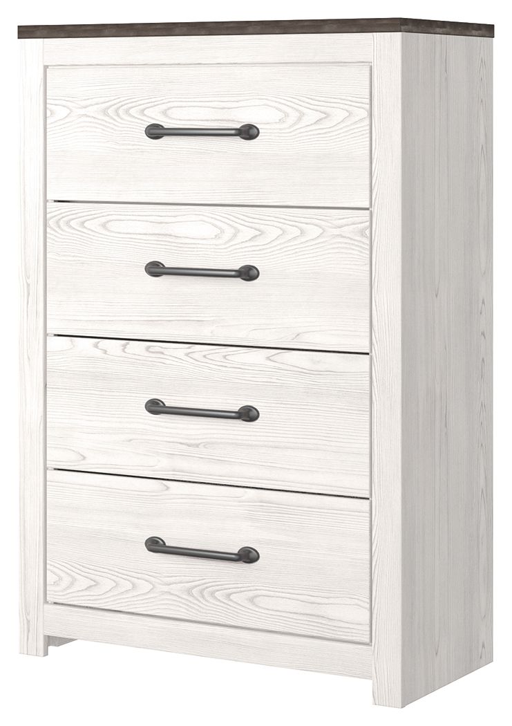 Cool, clean and casually modern. This chestâ€™s wispy whitewash and gray finish sets the tone for your calming sanctuary. Large linear pulls add dimension and authenticity. Four smooth-gliding drawers neatly accommodate your wardrobe needs.<br><br><b>Addi