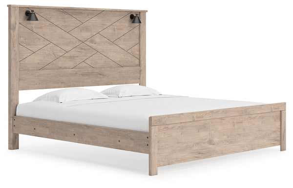 Senniberg - Light Brown / White - King Panel Bed with Sconce Lights