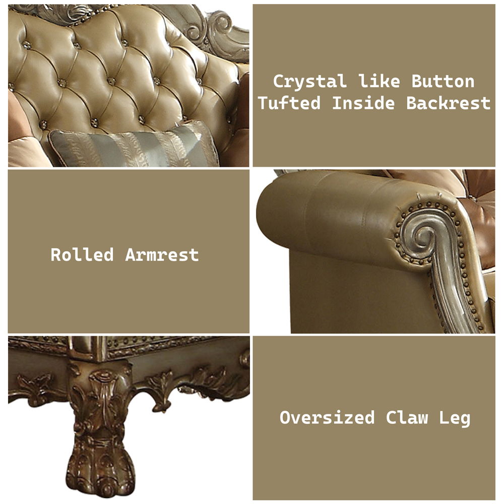 The Dresden gold patina and bone faux leather loveseat has a traditional feel, featuring decorative carvings, inlay veneer ball and claw feet and hand brushed gold accents. The seat and back have a faux leather button tufted cushion with Nailhead trim. Co