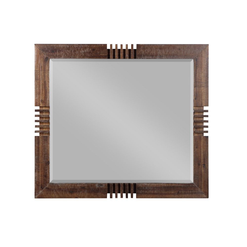 The Andria Beveled mirror has a sturdy wooden frame with a reclaimed oak finish. The Mirror gives you a place to check out your reflection, but the beveled surface and add an elegant touch to a space.<br/><br/><b>Product Features</b><ul><li>Beveled Mirror