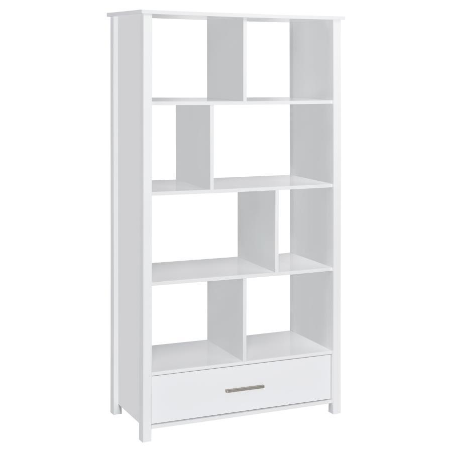Asymmetrical shelves stack against one another to create this stunning, contemporary bookcase. A stylish, eye-catching addition to a home office, this minimalist bookcase invites you to organize office accessories or showcase decor and family photos. Eigh