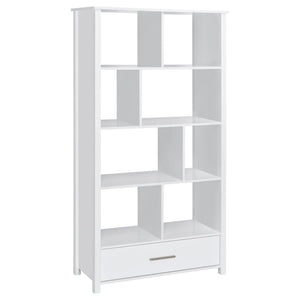 Asymmetrical shelves stack against one another to create this stunning, contemporary bookcase. A stylish, eye-catching addition to a home office, this minimalist bookcase invites you to organize office accessories or showcase decor and family photos. Eigh