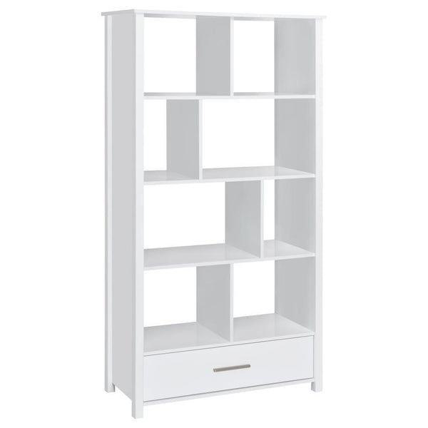 Asymmetrical shelves stack against one another to create this stunning, contemporary bookcase. A stylish, eye-catching addition to a home office, this minimalist bookcase invites you to organize office accessories or showcase decor and family photos. Eigh