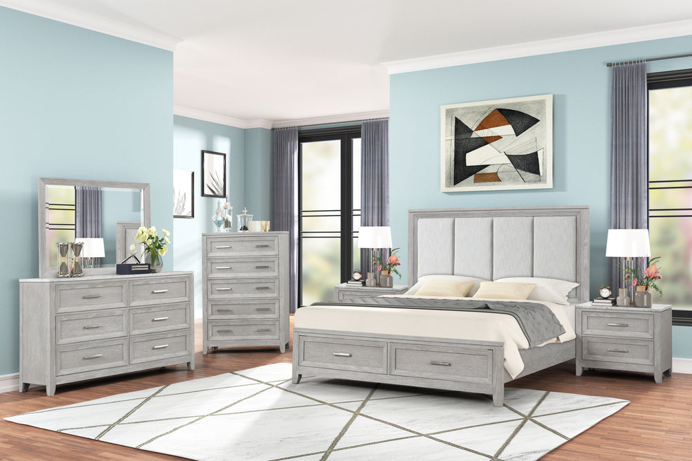 Discover the Fiona 6 Piece Bedroom Set, a collection that promises both style and functionality for your sanctuary. This suite features a storage bed with a plush upholstered headboard, designed for ultimate comfort and convenience. The suite is complemen
